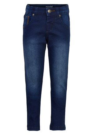 Mørkeblå denimjeans med slank passform, som har frontlukking, knappeåpning og kontrasterende sømmer.