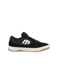 Black sneaker featuring a suede and mesh upper, white logo detail, padded collar, and a white midsole with a gum rubber outsole.