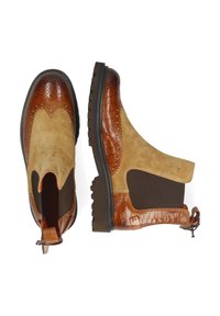 Braune Leder- und Wildleder-Ankle-Boots mit einem strukturierten Krokodil-Muster, elastischen Seitenpanelen und einer massiven Gummisohle. Mit einer Schlaufe für einfaches An- und Ausziehen.