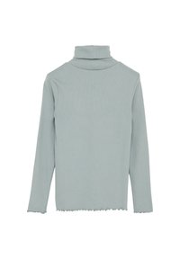 Hellblaues Langarm-Turtleneck-Oberteil mit gerippter Textur und gewelltem Saum. Die Rückansicht zeigt das enganliegende Design.