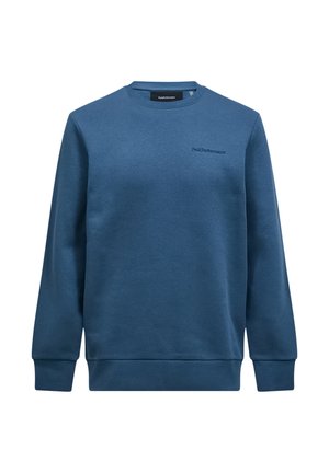 Blue sweatshirt made of soft fabric, featuring a crew neck and ribbed cuffs. Small, subtle logo on the left chest. Simple, uniform design.