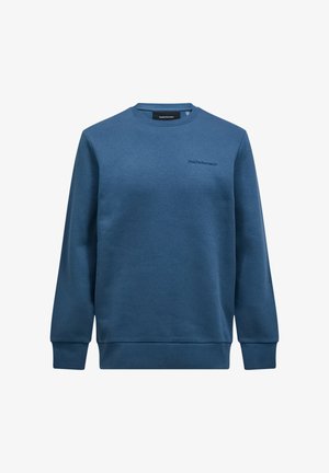 Blauwe sweatshirt van zacht materiaal, met een ronde hals en geribde manchetten. Klein, subtiel logo op de linkerkant van de borst. Eenvoudig, uniform ontwerp.
