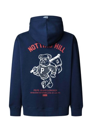Tmavomodrá mikina s kapucňou, na ktorej je grafika psa a nápis „NOTTING HILL“ červenou farbou. Vyrobená z bavlny, mäkká na dotyk, s rebrovanými manžetami.