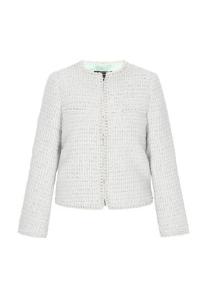 Jachetă din tweed gri deschis cu un finisaj texturat, guler rotund și buzunare frontale. Are un tiv contrastant și un design deschis în partea din față.