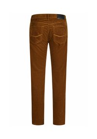 Bruine corduroy broeken hebben een recht-toe-rechtaan ontwerp, achterzakken met gebogen naden en een gladde tailleband met een logo patch.