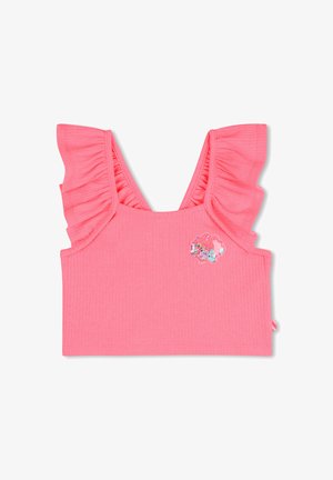 Crop top court rose à côtes avec bretelles volantées et patch nuage décoratif en sequins. Texture lisse et coupe ajustée.