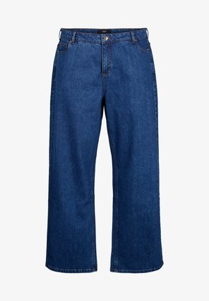 Široke modre kavbojke z visokim pasom, zankami za pas, sprednjimi žepi in gumbom za zapiranje. Tkanina ima gladko teksturo.