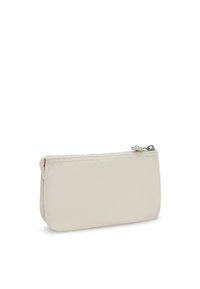 Beige stoffen pouch met een gladde textuur, ritsluiting aan de bovenkant en een rechthoekige vorm. Minimalistisch ontwerp, geen zichtbare patronen of accenten.