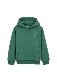 Grön huvtröja i mjukt tyg, med framficka, ribbade ärmslut och detaljerad cirkulär logotyp på bröstet.