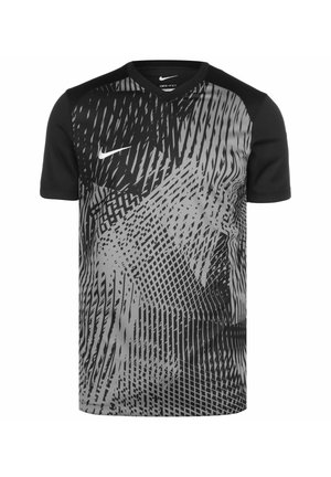 Schwarzes und graues Nike-Sportshirt mit kurzen Ärmeln, abstraktem geometrischem Muster und weißem Nike-Swoosh-Logo auf der Brust.