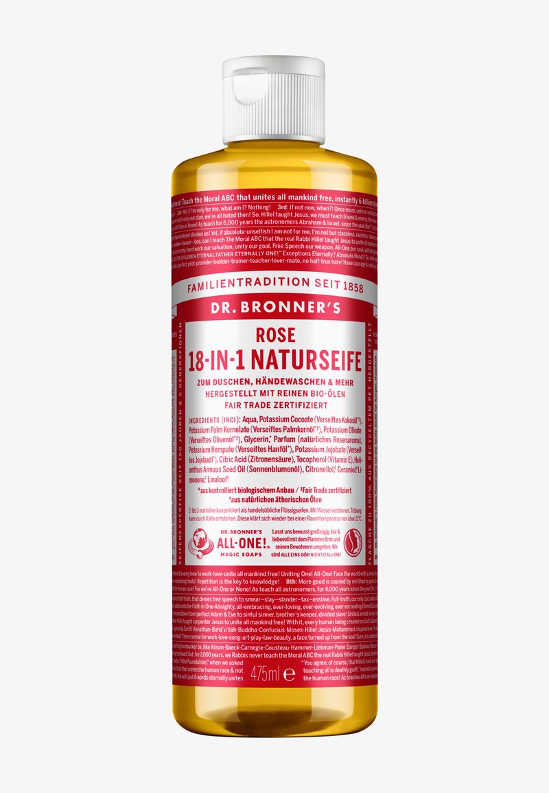 Flasche Dr. Bronner’s Rose 18-in-1 Flüssigseife mit rotem und weißem Etikett, detaillierte Inhaltsstoff- und Produktinformationen, 475 ml Inhalt.