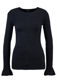 Pull en maille bleu marine foncé, manches longues avec poignets évasés, encolure ronde, texture lisse, coupe ajustée, ourlet côtelé.