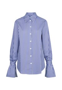 Chemise à rayures bleues et blanches avec un col pointu, des manches bouffantes et des poignets évasés. Fabriquée en tissu lisse, elle présente des boutons standards.