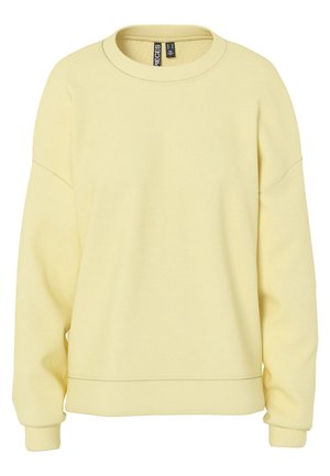Sweat-shirt jaune clair à col rond avec manches longues et poignets côtelés, présenté sur un fond blanc.