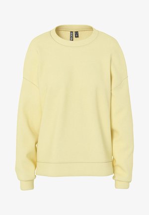 Sweat-shirt jaune clair à col rond avec manches longues et poignets côtelés, présenté sur un fond blanc.