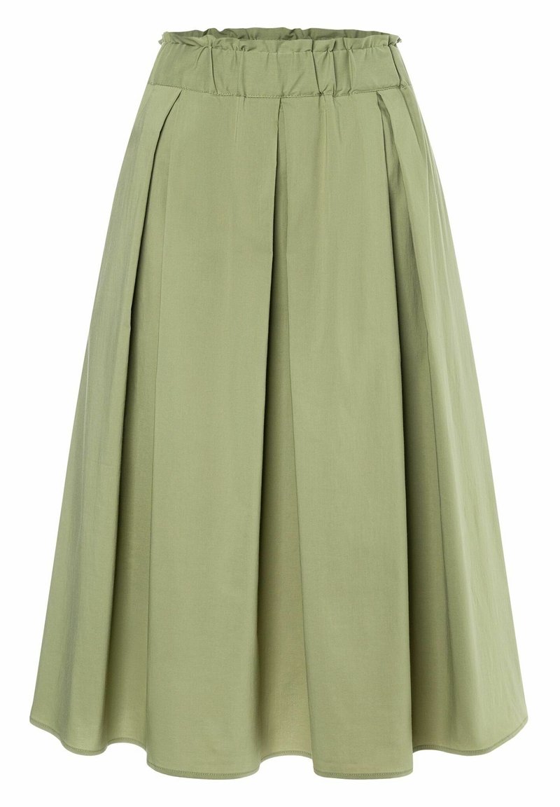 Jupe plissée vert clair avec une taille élastique. Réalisée en tissu doux, elle possède un design fluide et une coupe mi-longue. Texture lisse.