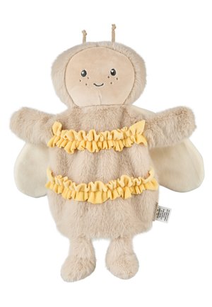 Weiches beige Plüsch-Bienen-Spielzeug mit lächelndem Gesicht, Antennen, gelben, gerafften Bändern über dem Körper, ausgestreckten Armen und cremefarbenen Flügeln.