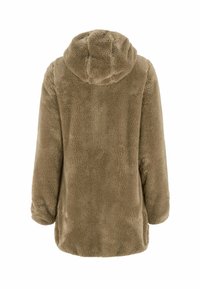 Ruskea, pehmeä, hupullinen fleece-takki shown takaa, jossa on pitkät hihat ja löysä istuvuus.