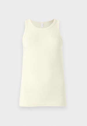 Tricou din bumbac de culoare galben deschis, cu textură canelată, decolteu rotund și bretele late. Se lasă drept, fără aplicații.