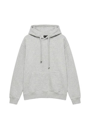 Sweat à capuche gris clair à manches longues avec poche kangourou à l'avant et capuche avec cordon, présenté à plat sur fond blanc.