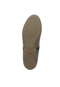 Semelle de chaussure en textile gris avec semelle en caoutchouc, présentant un motif texturé pour l'adhérence, et un petit logo VIONIC près du talon.