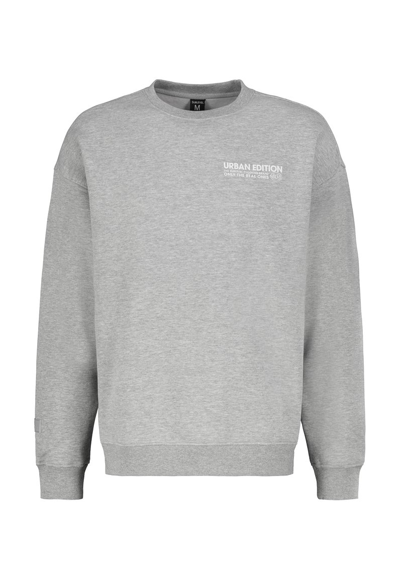 Grauer Sweatshirt mit rundem Halsausschnitt, langen Ärmeln und gerippten Bündchen. Mit weißem Text "URBAN EDITION" auf der linken Brust. Weicher Stoff.