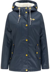 Mörkblå vattentät jacka med foder i päls, gula tryckknappar, kontrasterande dragsnören och sidofickor med dragkedja.