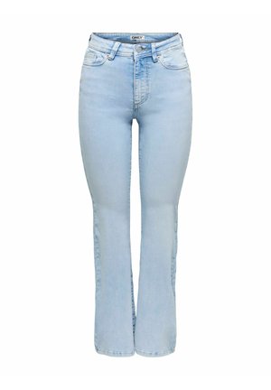 Jean en denim bleu clair taille haute avec une fermeture à bouton et à glissière, poches avant et arrière, et jambes légèrement évasées.