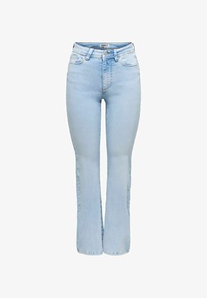 Jeans in denim azzurro chiaro a vita alta con chiusura a bottone e cerniera, tasche anteriori e posteriori, e gambe leggermente svasate.