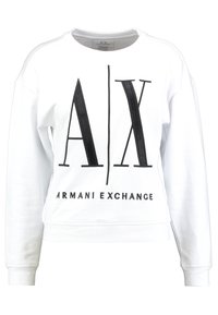 Felpa bianca con scollatura a girocollo, caratterizzata da un grande logo grafico nero "A|X ARMANI EXCHANGE" sul davanti. Tessuto morbido con polsini a costine.