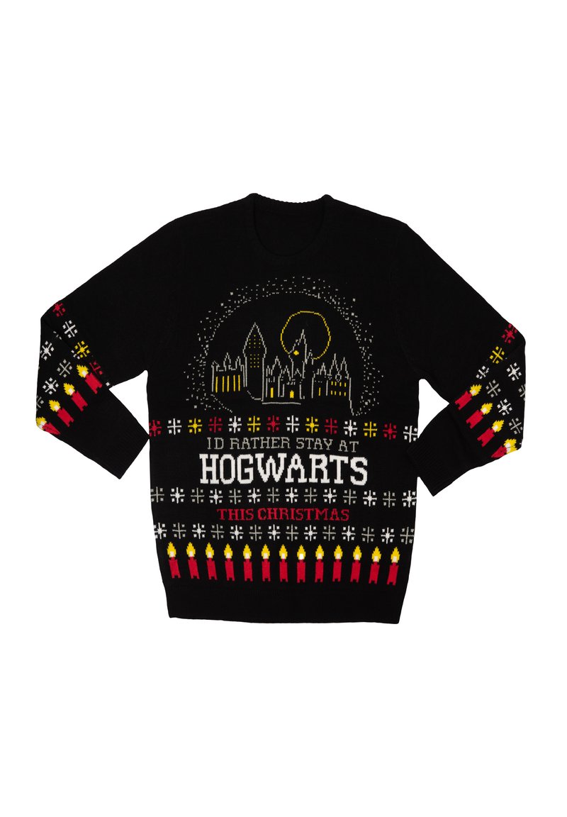 Schwarzer Strickpullover mit festlichen Designs, mit dem Text "Ich wäre lieber an Weihnachten in Hogwarts." Muster in Weiß, Rot und Gelb.