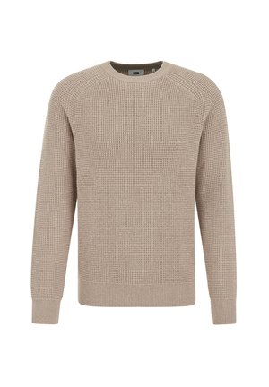 Beige gebreide trui met een ronde hals, lange mouwen en geribde manchetten. Gegeven met een structuurpatroon en een ontspannen pasvorm.