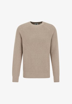 Suéter de punto beige con cuello redondo, mangas largas y puños ribeteados. Patrón texturizado en toda la prenda, con un ajuste relajado.