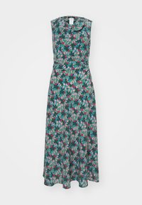 Vestido sin mangas con estampado floral, base en color teal con flores rojas y rosas, de largo hasta la rodilla, hecho de una tela suave, cuenta con un escote drapeado y una cintura ajustada.