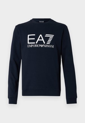Sweatshirt azul-marinho de algodão com mangas compridas, decote redondo e na parte da frente apresenta os logos brancos EA7 e Emporio Armani em vários estilos de fonte.