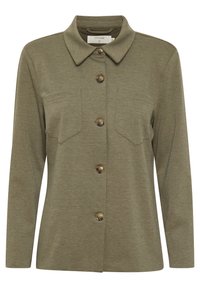 Olivgrünes langärmliges Hemdjackett mit Kragen, fünf großen Knöpfen und zwei vorderen Taschen aus strukturiertem Stoff.