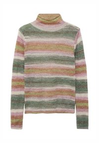 Coltrui met horizontale strepen in pastelroze, groen, bruin en crème, gemaakt van een zachte, textuurgebreide stof.