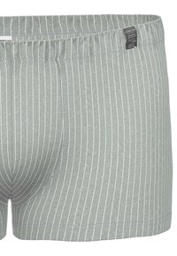 Boxer shorts grigi a righe realizzati in tessuto morbido. Presentano strisce verticali bianche, una cintura elastica e un'etichetta che mostra il marchio e l'origine.