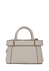 Mini borsa a tracolla in pelle beige chiaro, caratterizzata da una forma strutturata, manico superiore e dettagli in hardware dorato. Texture liscia con cuciture sottili.