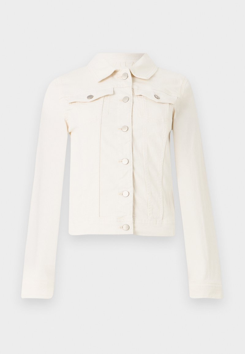 Weiße Denimjacke mit klassischem Kragen, langen Ärmeln, vorderem Knopfverschluss und zwei Brusttaschen mit silberfarbenen Hardwareakzenten.