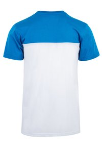 Kurzärmliges T-Shirt mit einem blauen oberen Bereich und einem weißen Körper, aus weicher Baumwolle gefertigt. Das Design zeichnet sich durch einen Farbblockstil mit einem runden Ausschnitt aus.