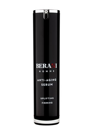 Czarna cylindryczna butelka z błyszczącą srebrną nakrętką, z wyraźnym białym napisem "BERANI HOMME SERUM PRZECIWSTARZENIOWE" oraz "podnoszące, ujędrniające."