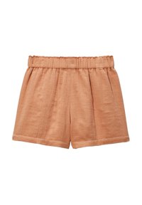 Shorts légers en lin de couleur pêche, avec une taille élastique, un design plissé et des jambes droites. Texture lisse avec des ourlets roulés.