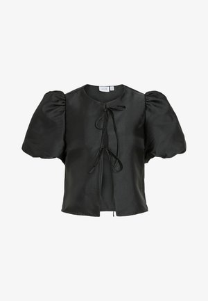 Črna satenasta bluzica s pihastimi kratkimi rukavi, okroglo izrezom in prednjim vezanjem. Gladka tekstura in sproščen kroj.
