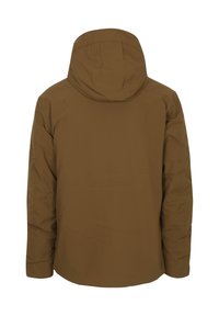 Bruine capuchonjack met een gladde textuur, met een eenvoudig design en zonder zichtbare hardware of accenten in de achteraanzicht.