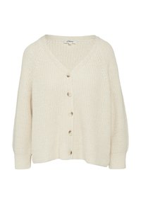 Crème-kleurige gebreide cardigan met een v-hals, zes knopen aan de voorkant en geribde manchetten. Zachte textuur en een ontspannen pasvorm.