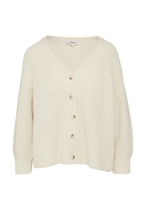 Cardigan tricoté de couleur crème avec un col en V, six boutons sur le devant et des poignets côtelés. Texture douce et coupe décontractée.