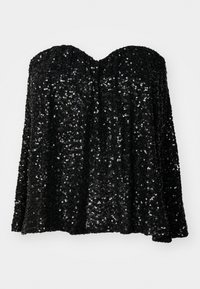 Top nero senza spalline decorato con paillettes, caratterizzato da un taglio morbido e una texture di tessuto liscia, con dettagli riflettenti lucidi in tutto il capo.