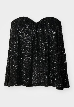 Svart off-shoulder topp dekket med paljetter, med en løs passform og en glatt stofftekstur, med glitrende refleksdetaljer gjennom hele.