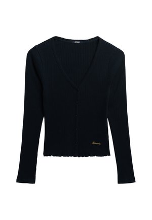 Cardigan noir à côtes avec manches longues, décolleté en V et fermeture à boutons. Il présente un ourlet court et un logo doré brodé.